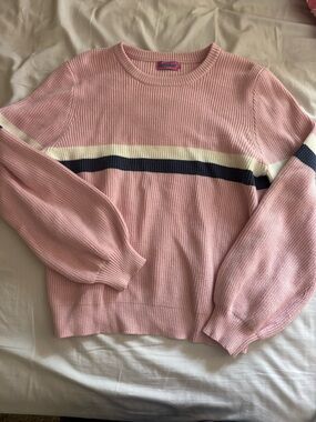 Edikted Pink Crewneck Sweater with Navy & Cream Stripes